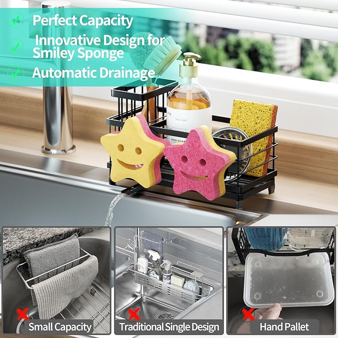 HapiRm Sink Caddy Sponge Holder - Self-draining Kitchen Sink Organizer with Smiley Face and Brush Holder, Stainless Steel Kitchen Sponge Caddy for Countertop - Black