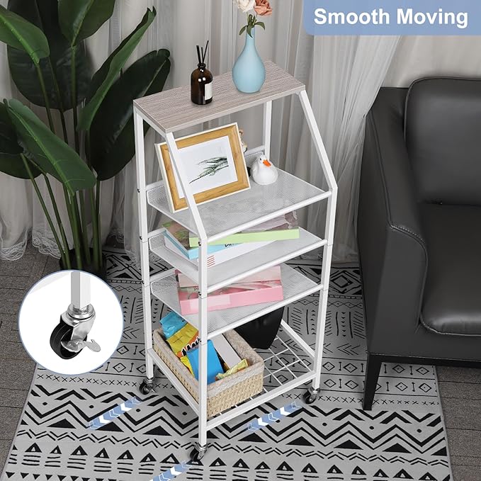 5 Tier Bathroom Towel Rack Cart with Wheels Metal Wood Rolling Utility Cart with Storage Shelves for Home Living Room Bedroom Kitchen, White