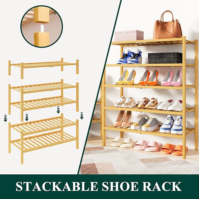 Smiry Shoe Rack, 3 Tier Thick Bamboo Shoe Organizer, Stackable Free Standing Wooden Shoe Storage Shelf for Closet, Entryway, Front Door Entrance, Natural-NeatNest