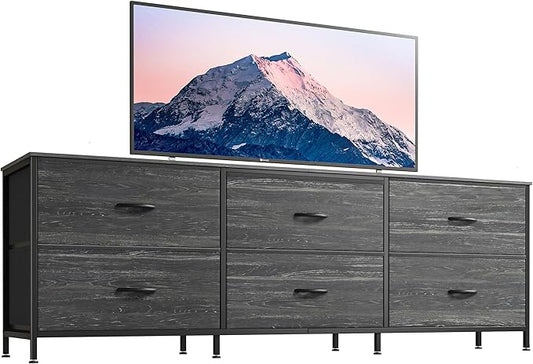 Huuger 63 Inch Long Dresser for Bedroom, TV Stand for 55, 65, 70 Inch TV, 6 Drawer Dresser for Closet with Fabric Drawers, Storage Organizer for Bedroom, Entryway, Charcoal Black Wood Grain Print-NeatNest
