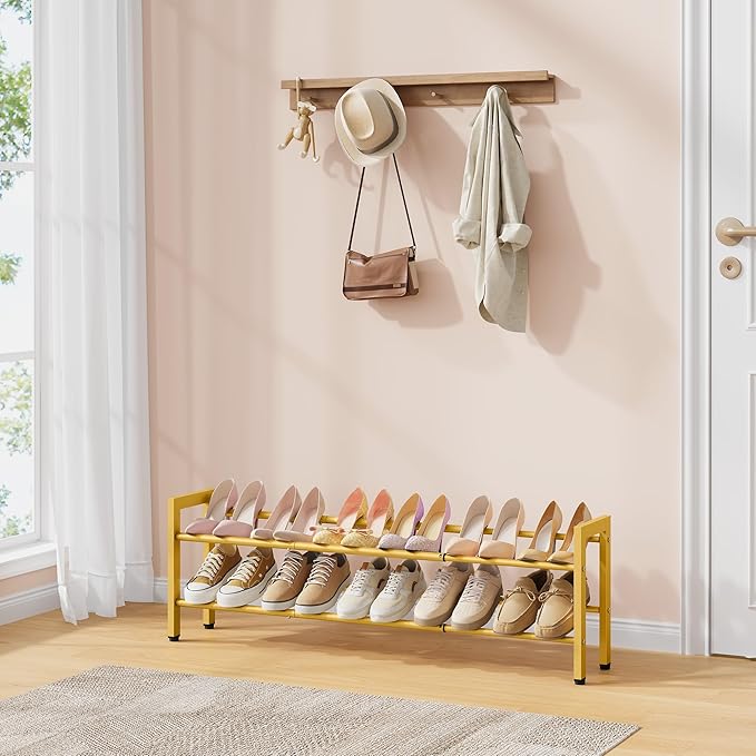 FAVOOSTY 2-Tier Expandable Shoe Rack, Adjustable Shoe Shelf Storage Organizer Space Saving Metal Free Standing Shoe Rack for Entryway Closet Doorway, Gold-NeatNest