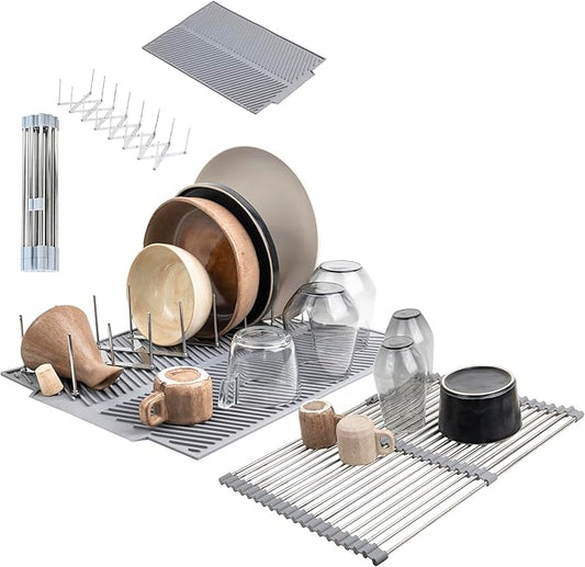 3-in-1 Over Sink Dish Drying Rack – Roll-Up Sink Rack, Silicone Mat & Folding Dish Rack – Multi-Functional, Space-Saving Kitchen Organizer (Grey)