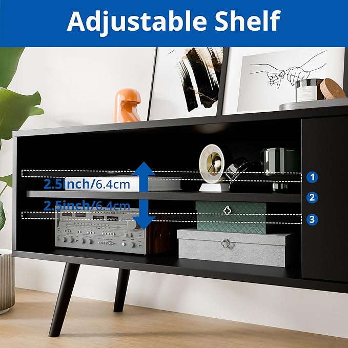 Cozy Castle TV Stand for 48 Inch TV, Mid Century Modern Entertainment Center with Storage Cabinet, TV Media Console for Living Room, Bedroom, Black-NeatNest