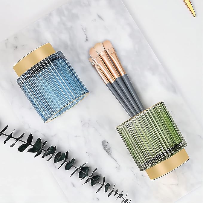 DASITON Makeup Brush holder Organizer,Crystal Cosmetic Makeup Brush Glass Brushes Storage Holder, Vintage Make Up Brush Cup Pen Pencil Holder striped vase(Blue S)-NeatNest
