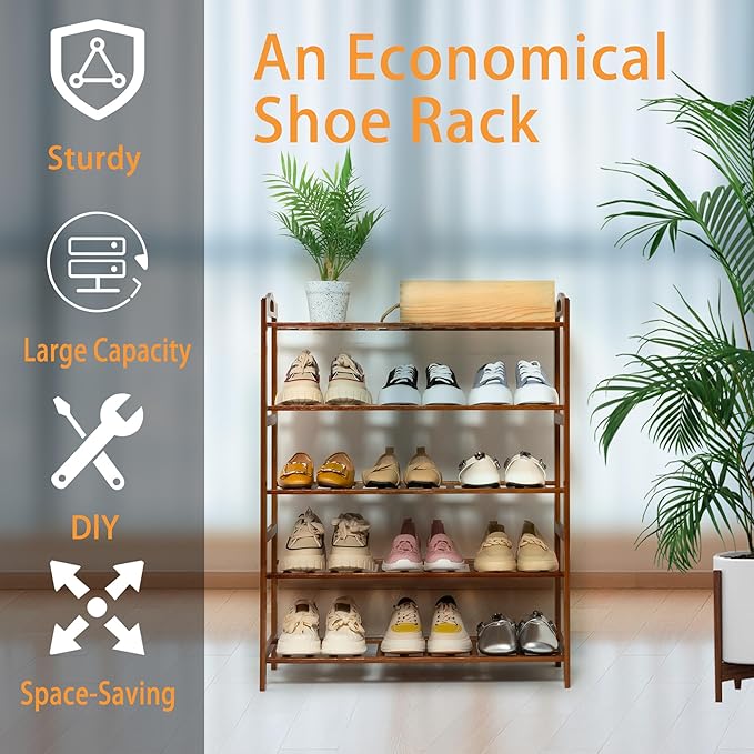 5 Tier Bamboo Shoe Rack, Free Standing Shoes Rack Shoe Shelf Shoe Organizer for Closet, Entryway, Bedroom, Living Room, Front Door, Studio, Bathroom-NeatNest