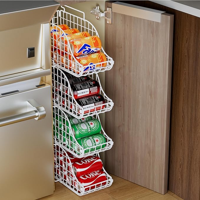 Can Storage Organizer Pantry, Stackable Kitchen Canned Food Holder With Handles, Can Organizer For Pantry Countertop Cabinet, Beverage Drink Pop Soda Can Dispenser Patent Pending (White, 4 Pack)-NeatNest