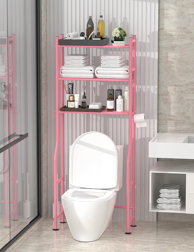 3-Tier Over The Toilet Storage, Freestanding Metal Bathroom Shelves with 4 Hooks, Over Toilet Storage Shelf with Paper Holder, Above The Toilet Shelf for Bathroom Storage, Pink-NeatNest