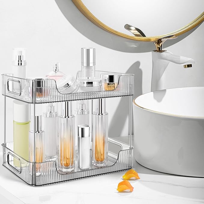 2-Tier Bathroom Counter Organizer Countertop Storage, Dresser Organizer Vanity Tray for Makeup, Perfume Organizer Cosmetics Skincare Shelf- Grey-NeatNest