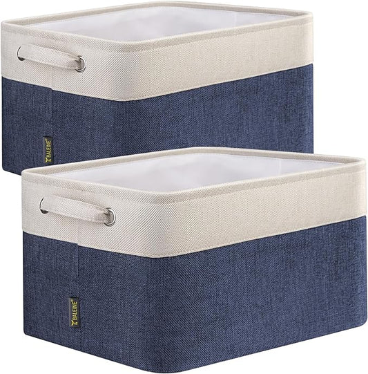 BALEINE 2 Pack Fabric Storage Bins for Shelves, Linen Storage Baskets for Organizing, Decorative Closet Bins for Clothes, Home (Navy Blue, 12"x8"x8")-NeatNest