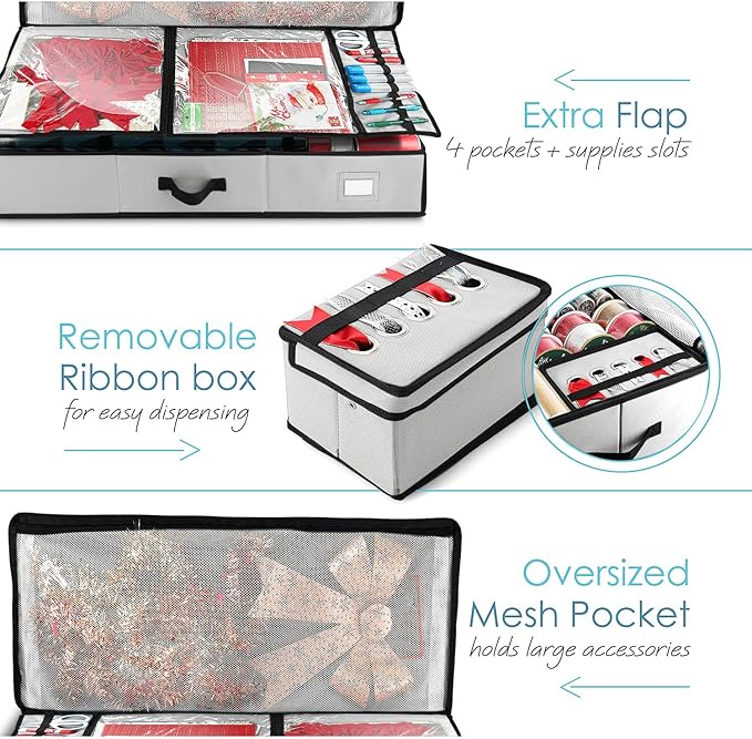 Hearth & Harbor Wrapping Paper Storage Container - Christmas Storage Bag with Ribbon Dispenser and Interior Pockets - Gift Wrap Organizer Fits Up to 26 Rolls of 40" Length, Silver-NeatNest