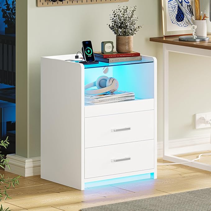 VIAGDO White Nightstand Set of 2 with Charging Station and LED Lights, 2 Drawers LED Night Stand with Tempered Glass Tabletop, Modern End Side Tables with Pull-Out Tray, Open Storage Bedside Tables