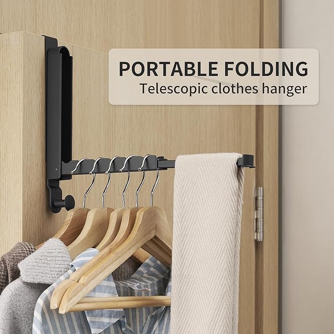 Clothes Drying Rack Foldable Fit Door up to 1 3/8" Optimal 1pc,Over The Door Hanger with Retractable Rod,Over The Door Hanger Hooks for Laundry Bathroom Bedroom Travel Hangers(Black, 1 Pack)
