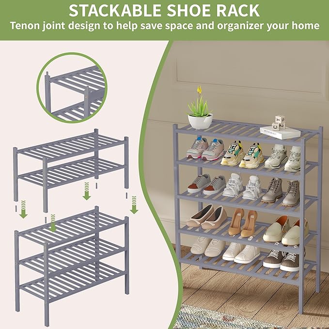 2 Tier Bamboo Shoe Rack for Closet Free Standing Wood Shoe Shelf for Entryway Small Space Stackable 27"x11"x13" (Grey)-NeatNest