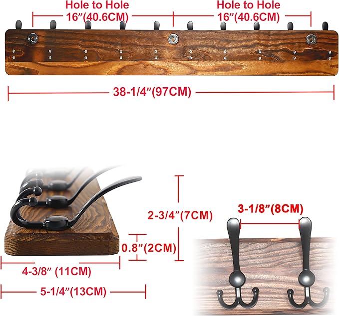 Dseap Coat Rack Wall Mounted - 10 Tri Hooks, 38-1/4" Long, Heavy Duty Wooden Wall Coat Hanger Coat Hook for Clothes Hat Jacket Clothing, Natural & Black