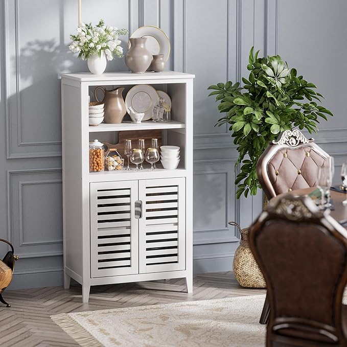 HITNET White Bathroom Cabinet, Bamboo Storage Cabinet Freestanding, Side Tall Storage Organizer for Kitchen Living Room Entryway