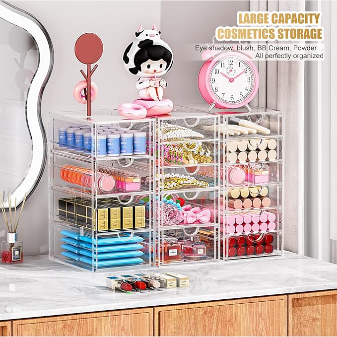 Acrylic 3 Pack Desk Organizers and Accessories, Makeup Organizer Storage With 15 Drawers, Desk Organizers, Dustproof Drawer Organizer and Storage for Make Up, Jewelry, DIY Pen-NeatNest
