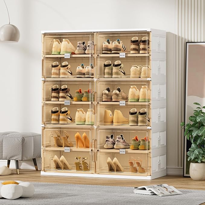 JEKO&JEKO 6 Tiers Foldable Shoe Rack Organizer Cabinet for Closet Entryway, Large Collapsible Shoe Storage Box with Magnetic Doors Fits Up to 24 Pairs (White)-NeatNest