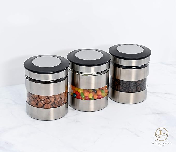Le'raze Airtight Food Storage Container for Kitchen Counter with Window, [Set of 3] Canister Set Ideal for Flour Tea, Sugar, Coffee, Candy, Cookie Jar…