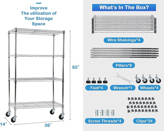 4-Tier Metal Wire Shelving Unit Kitchen Shelf Organizer Height Adjustable Storage Rack Utility Snack Shelf, NSF Certified Storage Shelves for Laundry Bathroom Kitchen Pantry Organization