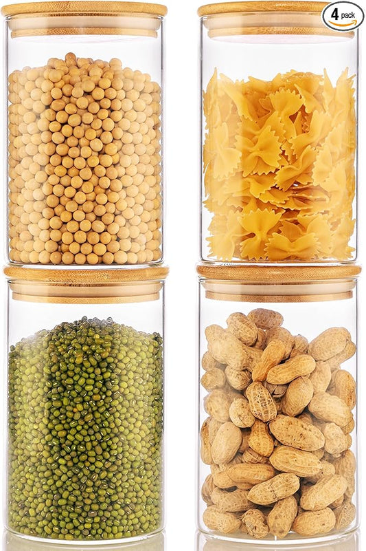 32oz - 4 Pack Glass Jars with Bamboo Lids, Glass Pantry Storage Containers with Airtight Lids, Round Air Tigh Food Storage Canisters for Cereal, Pasta, Flour, Sugar, Rice, Best for Kitchen Organizer-NeatNest