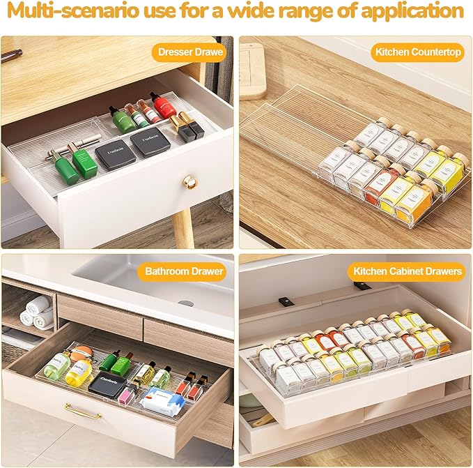 2-Tier Spice Drawer Organizer 2 Pack, Expandable from 11" to 22" Clear Acrylic Spice Rack for Drawer, Kitchen Spice Organization, Seasoning Organizer Holds Up to 24 Jars(Jars Not Included)-NeatNest