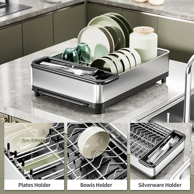 Dish Drying Rack, 304 Stainless Steel Dish Racks for Kitchen Counter, Compact Sink Dish Drainers with Drainboard & Utensil Holder, Space Saving Kitchen Organizer, Black
