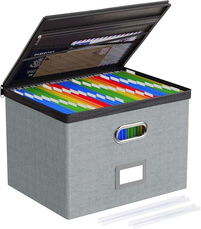 Oterri 1 Pack Large File Organizer Boxes with Lids, File Box with Mesh Pockets, Document Organizer Box for Letter/Legal Size Folders, Zippers Important Document Organizer (Grey, Without Folders)