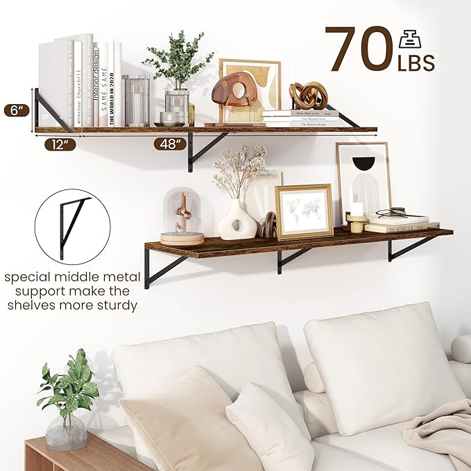 Fun Memories Floating Shelves for Wall, 12 Inch Deep Floating Shelves Set of 2, 48W x 12D Large Wall Shelf with Sturdy Metal Brackets for Living Room, Bathroom, Bedroom and Kitchen, Rustic Brown-NeatNest
