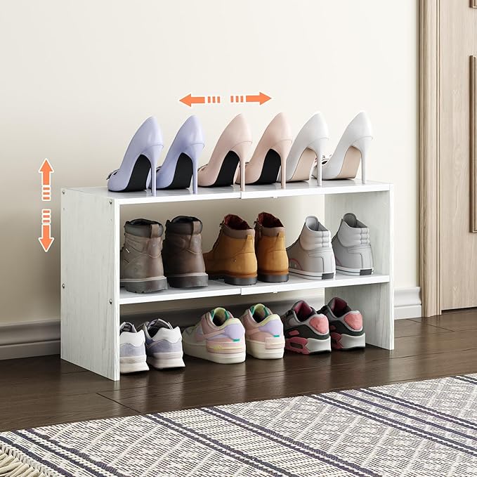 X-cosrack 2-Tier Shoe Rack Organizer for Closet, Expandable and Adjustable White Shoe Rack, Stackable Iron Wood Combination Shoe Storage Shelves for Closets, Entryway, Small Space, Hallway, Garage-NeatNest