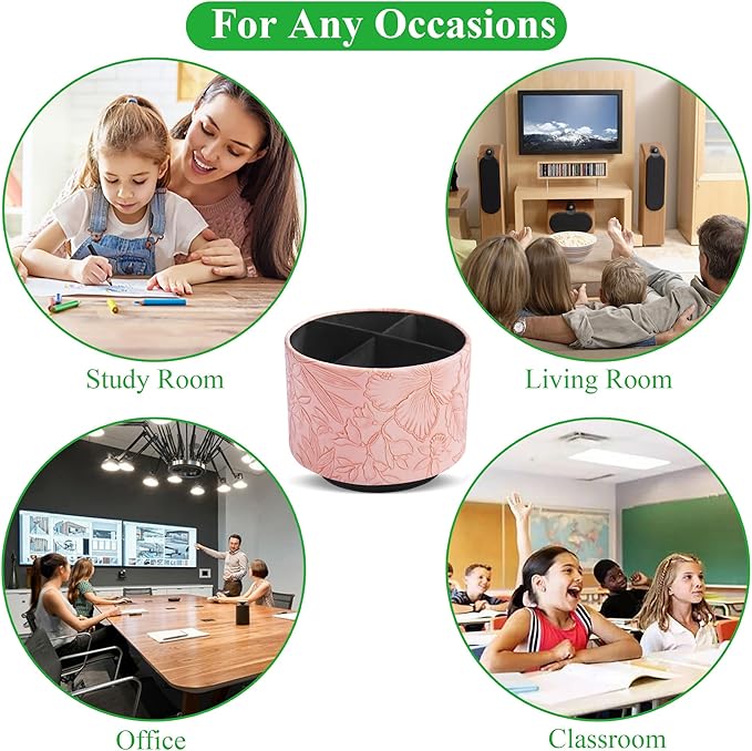 Hennaja Round Leather Art Supply Organizer,Remote Control Holder,360 Degree Spinning,Multi-Functional Pencil Holder,4 Compartments Desktop Stationary Organizer(1-Carved Pink)-NeatNest
