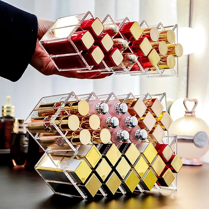 2 Pack Acrylic Lipstick Holder Organizer 32 Slots Clear Lip Gloss Holder Organizers Stackable Fish Shape Lipsticks Tower Lipstick Case Display Stand Storage Box for Makeup Cosmetic Vanity drawer-NeatNest