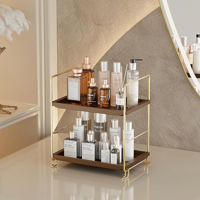 FSyueyun 2-Tier Bathroom Countertop Organizer,Bathroom Organizers and Storage with Tool-Less Installation, Premium Plastics for Makeup, Perfume, Skincare on Dresser Vanity Tray (Gold & Brown)-NeatNest