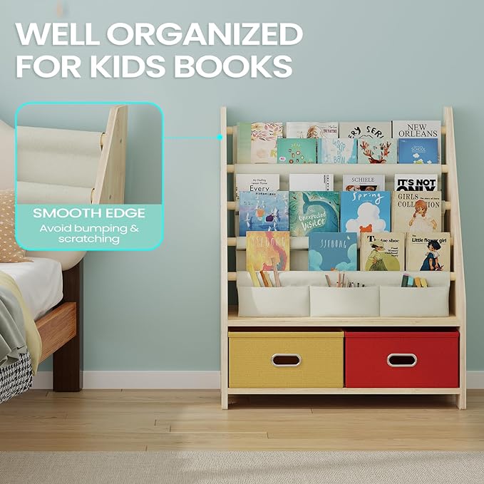 4 Tier Kids Book Shelf, Wooden Kids Book Rack Storage Bookshelf with Toy Storage Organizer, Toddler Sling Bookshelf for Boys, Girls, Kids Room, Red/Yellow