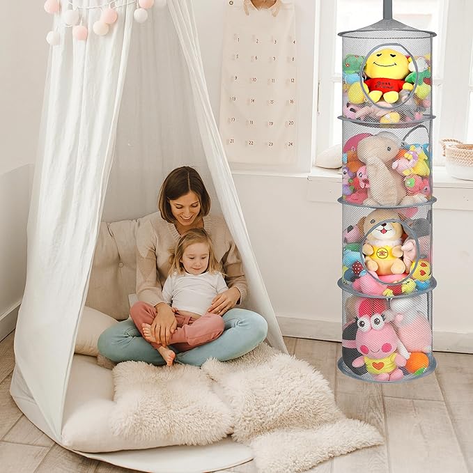 2Pcs Stuffed Animal Storage Foldable Stuffed Animal Net or Hammock Organizer, 4 Compartments Hanging Mesh Toy Storage Hammock for Kid Room Toys, Gloves, Hats, Socks（Grey）-NeatNest