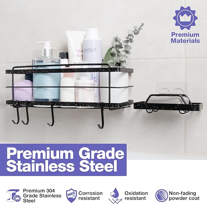 KINCMAX Premium Shower Caddy with Soap Holder - Adhesive Bathroom Shower Organizer and Storage w/ 4 Hooks, No Drill Shower Shelves for Inside Shower, Rustproof Stainless Steel Shower Rack, Black