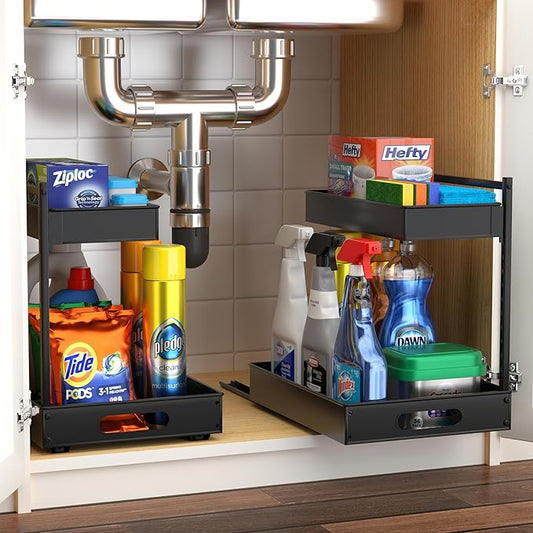 Sorbus Under Sink Organizer with Sliding Tracks – Pull Out Cabinet Organizer with Drawer & Installation Rails – Under Cabinet Bathroom Storage Organizer for Kitchen, Pantry, or Vanity –Black 2 Pack-NeatNest