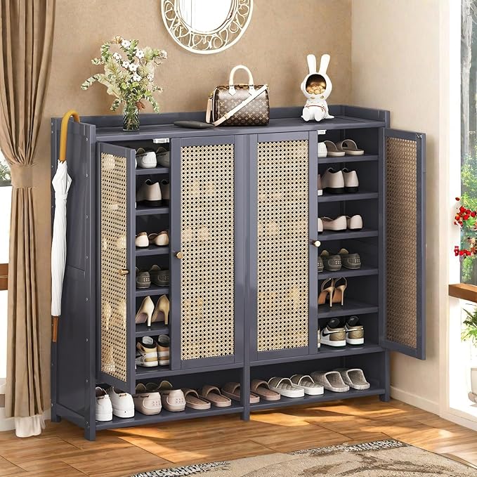 Bamboo Shoe Cabinet, 8-Tier Shoe Storage Cabinet with Doors, Freestanding Bamboo Shoe Rack Organizer with Shelves for Entryway, Hallway, Closet, Living Room (Grey)