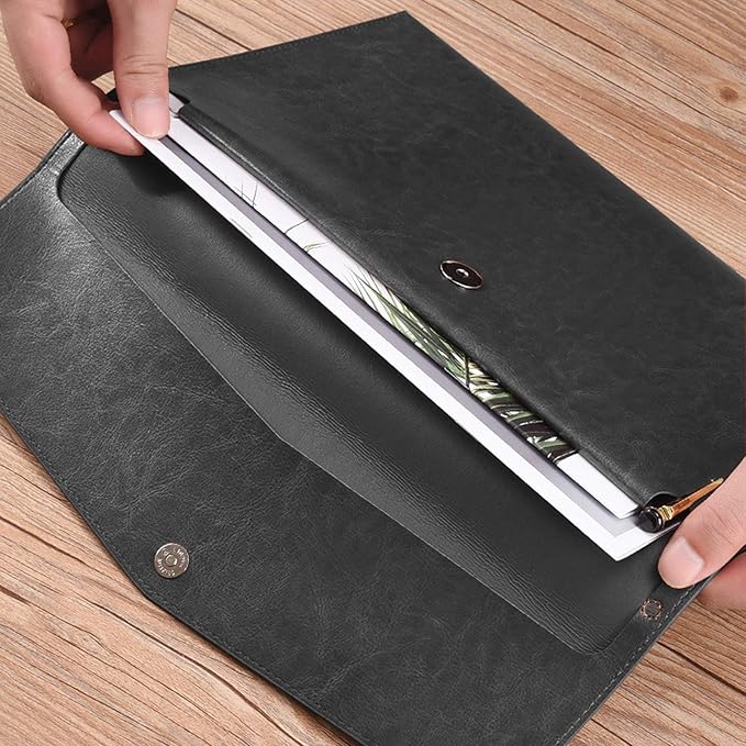 Enyuwlcm PU Leather A4 File Folder Document Holder Envelope Folder Case with Snap Closure for Receipt Contract Black