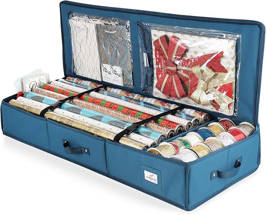 Hearth & Harbor Wrapping Paper Storage Container - Christmas Storage Bag with Interior Pockets - Gift Wrap Organizer Fits Up to 22 Rolls of 40" - Tear Proof, Blue-NeatNest