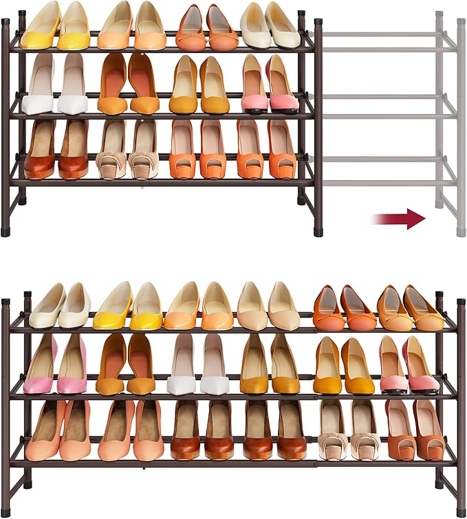 Tajsoon 3 Tier Expandable Shoe Rack for Closet, 28“-41“Adjustable & Stackable Shoe Shelf Storage, Metal Shoe Rack Organizer for Front Door Entrance, Closet, Garage, Entryway, Bronze-NeatNest