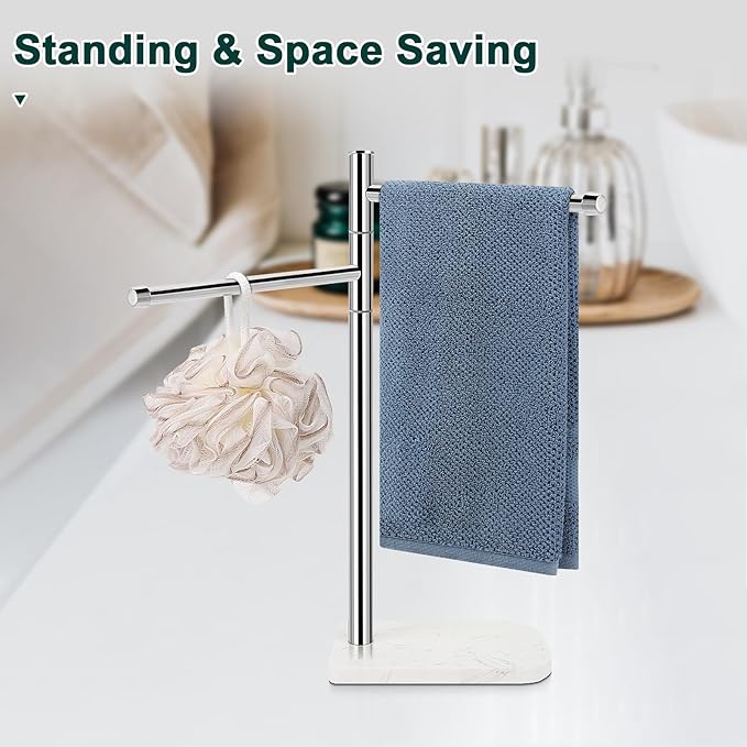 Hand Towel Holder, F-Shape Hand Towel Stand with Marble Base, Stainless Steel Swivel Hand Towel Rack Bar Standing for Bathroom Kitchen Countertop, 2 Arms (Chrome Finish)