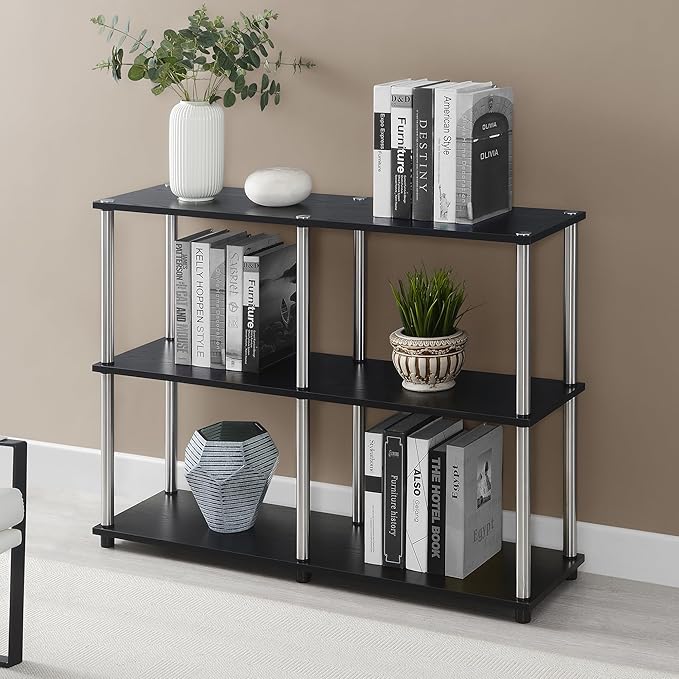 Convenience Concepts Designs2Go No Tools 3 Tier Wide Console Table 42" - Modern Multipurpose Accent with Shelves for TV Media Center, Office Desk Extension, Entryway Display, & Home Storage, Black-NeatNest