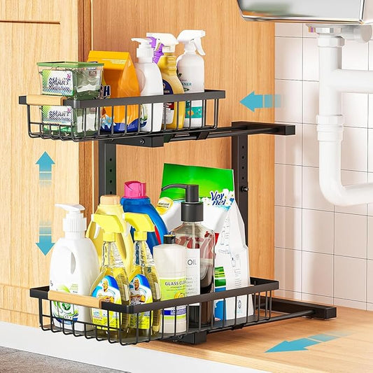 Under Sink Organizer Storage 1 pack, 2 Tier Slide Out Height Adjustable Pull Out Cabinet Organizer Drawers, Kitchen Bathroom Large Capacity Metal Under Sink Rack Caddy Basket Shelves, Black-NeatNest