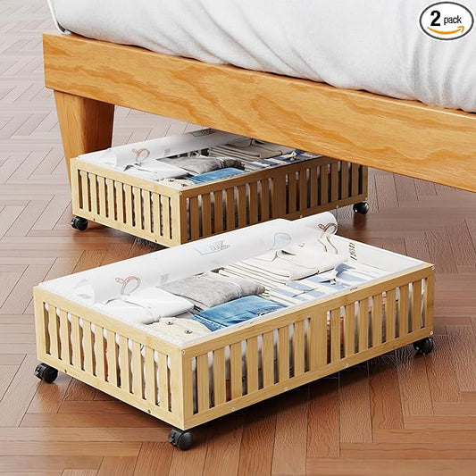 2Pack Bamboo Under Bed Storage Containers, UnderBed Storage with Wheels & 40L Large Capacity Dust Bag, Sturdy Rolling Under Bed Clothes Storage for Shoes Toy Book, Nature (24.02" × 16.54")-NeatNest