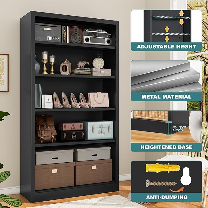 Shoe Cabinet,5 Tiers Heavy Duty Metal Freestanding Shoe Rack,55" Tall Shoe Rack with Open Storage Shelf for Entryway,Living Room,Garage (Black, 5 Tier-55 H*27.6" W*11.8" D)-NeatNest