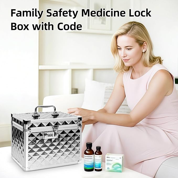 Medication Combination Lock Boxes with Code for Personal Items, Medicine Lockbox for Documents 10 x 7.25 x 7.75 Inches Plaid Silver