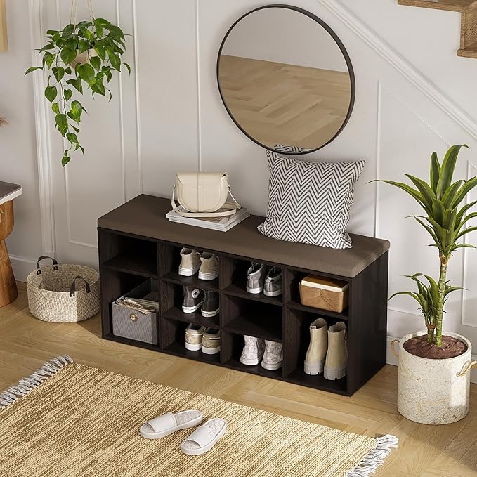 DINZI LVJ Shoe Storage Bench with Cushion, Cubby Shoe Rack with 12 Cubbies, Adjustable Shelves, Multifunctional Shoe Organizer Bench for Entryway, Mudroom, Hallway, Closet and Garage, Espresso-NeatNest