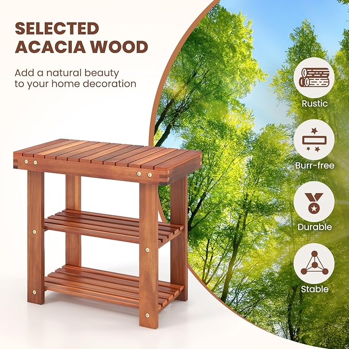 Tangkula Acacia Wood Shoe Rack Bench, 3 Tier Sturdy Bench, Storage Organizer, Holds up to 180lbs for Entryway, Bedroom, Living Room, Balcony, Teak Color (19-inch)-NeatNest