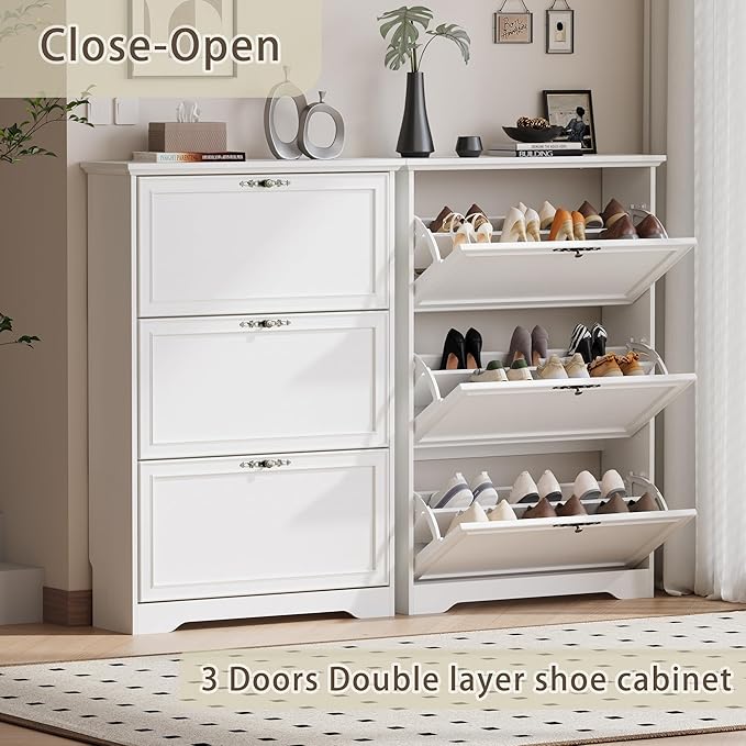 3 Flips Shoe Cabinet for Entryway, Narrow Shoe Storage Cabinet with Adjustable Shelves, Wooden Space-Saving Organizer and Rack for Foyer, Closet, Hallway