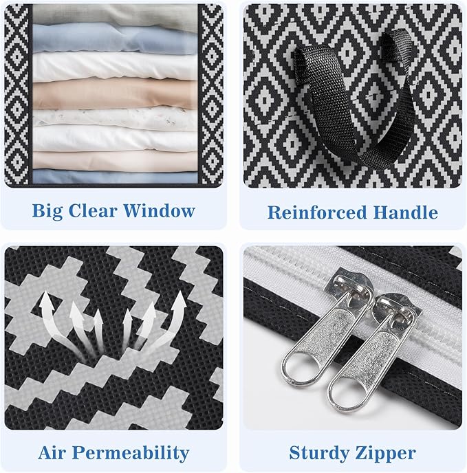 Direct 100L, 6 Pack, Storage Containers, Large Clothes Storage Bins Foldable Organization and Storage Bags with Reinforced Handle, Clear Window for Bedding, Blankets, Clothing, Black-NeatNest